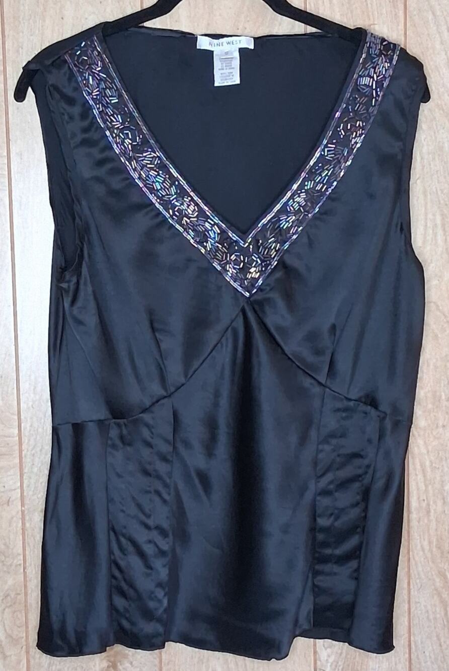 Nine West 100% SIlk Sleeveless Blouse With Embellished Collar/Yoke Black